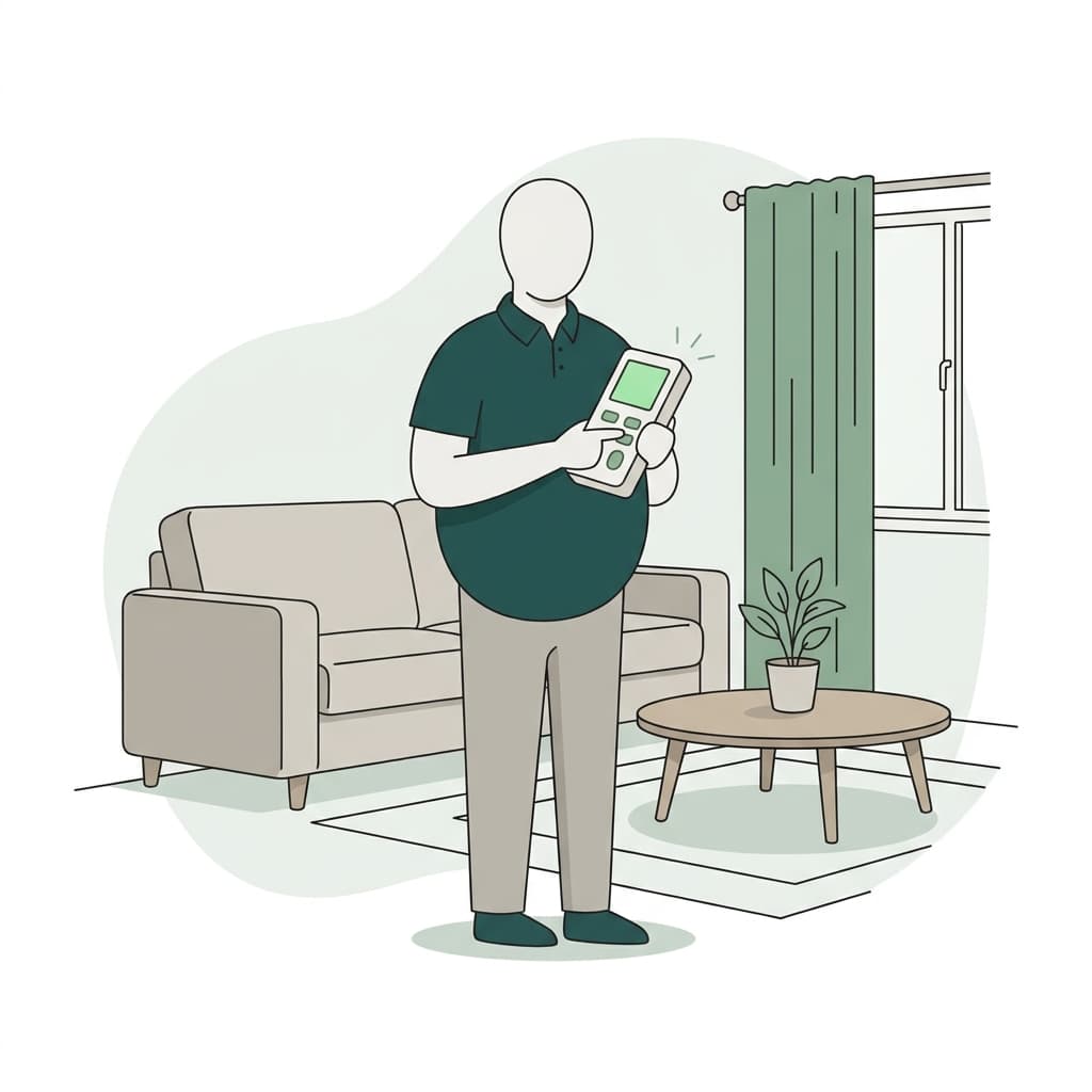 Technician taking a baseline formaldehyde reading with a handheld meter in a living room