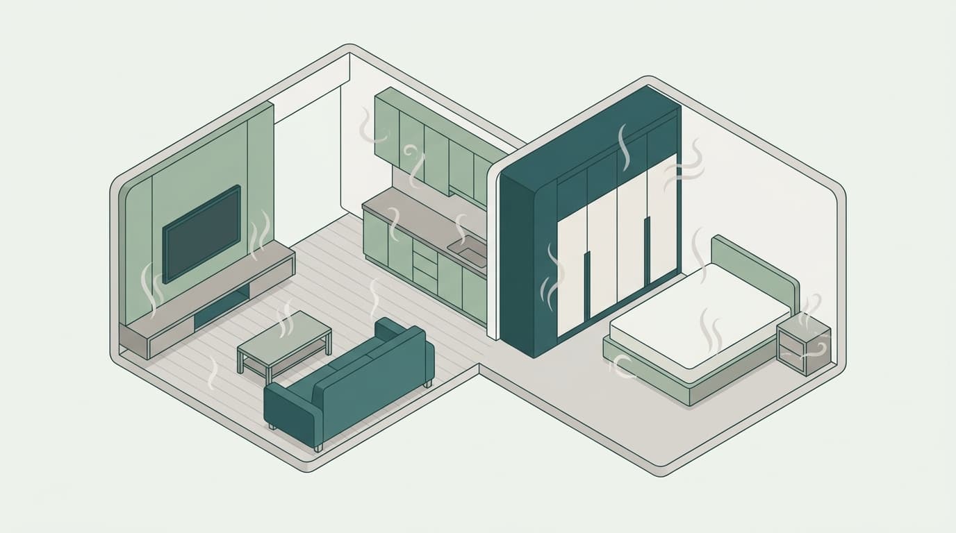 Cutaway of an HDB flat showing formaldehyde sources: built-in wardrobe, feature wall, cabinets, laminate flooring and mattress